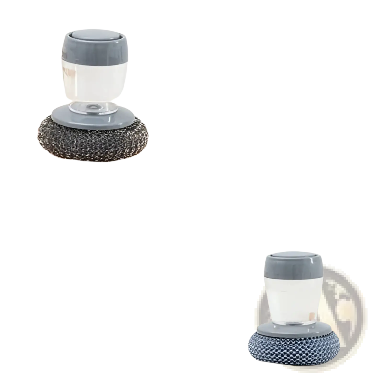 Gray plastic-capped transparent body kitchen soap dispensing palm brush with textured metal bristle head for dishwashing
