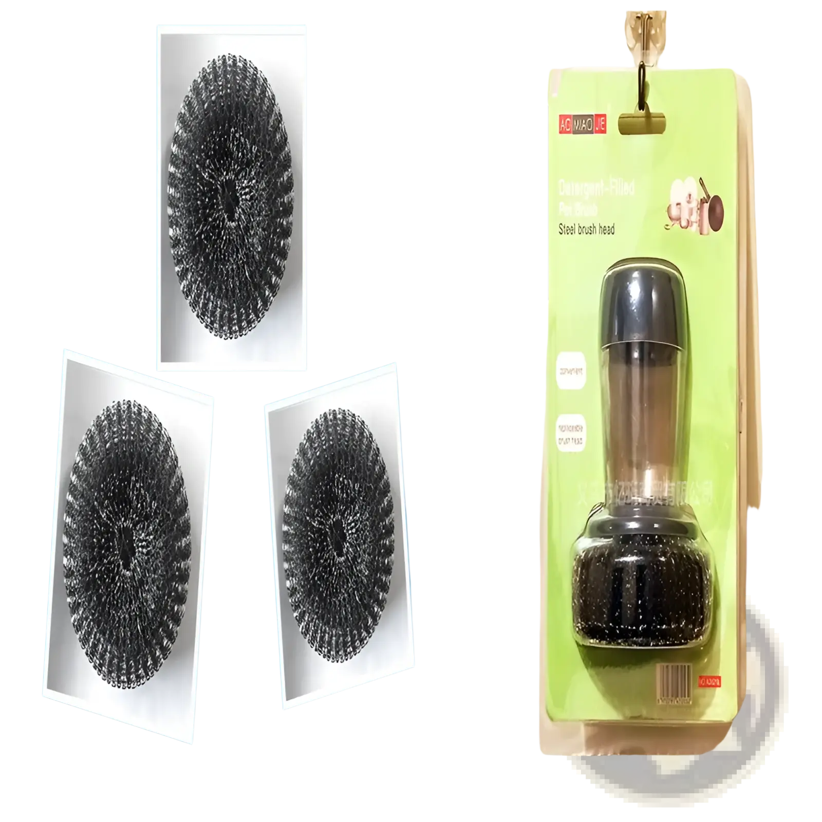 Black steel wire brush head with black plastic handle and transparent grip in green packaging for kitchen soap dispensing scrubber set