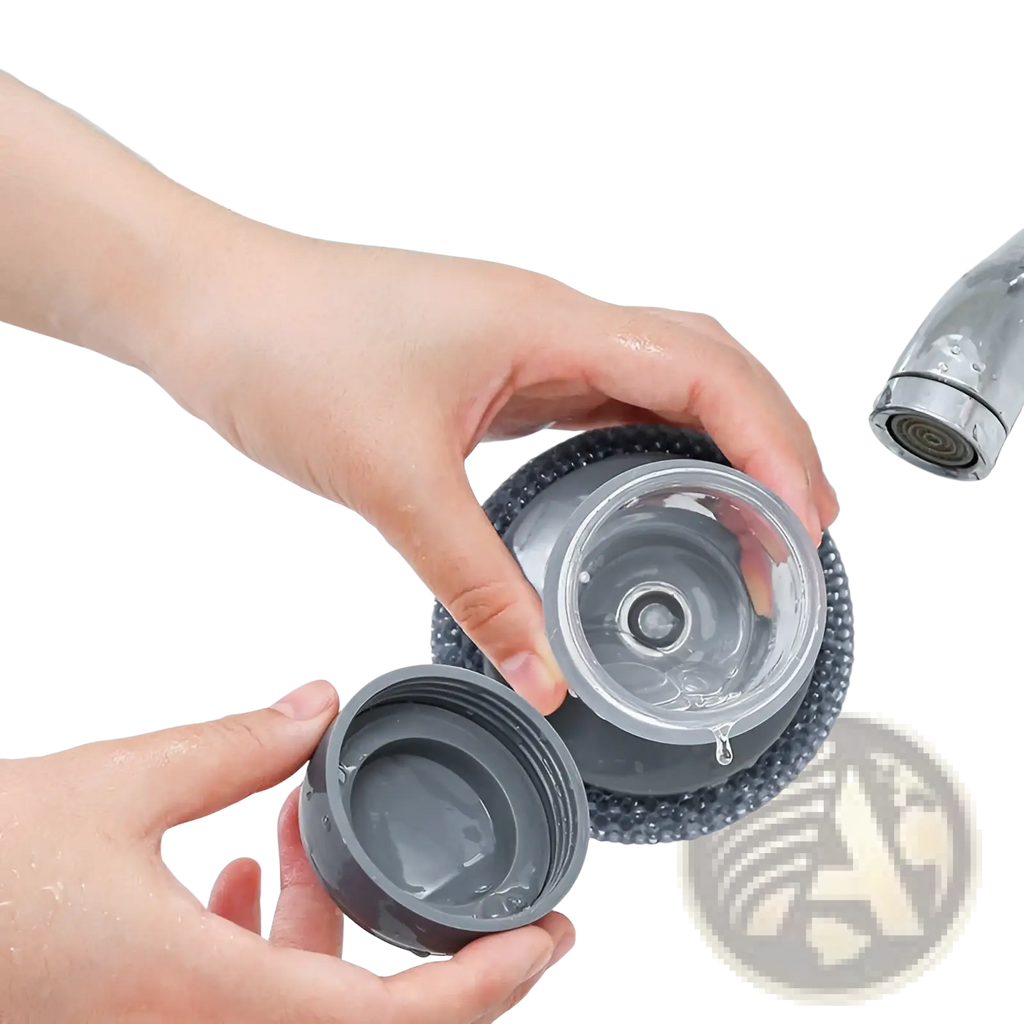 Gray plastic water bottle with transparent lid and cap being rinsed under faucet in kitchen soap dispensing palm brush set
