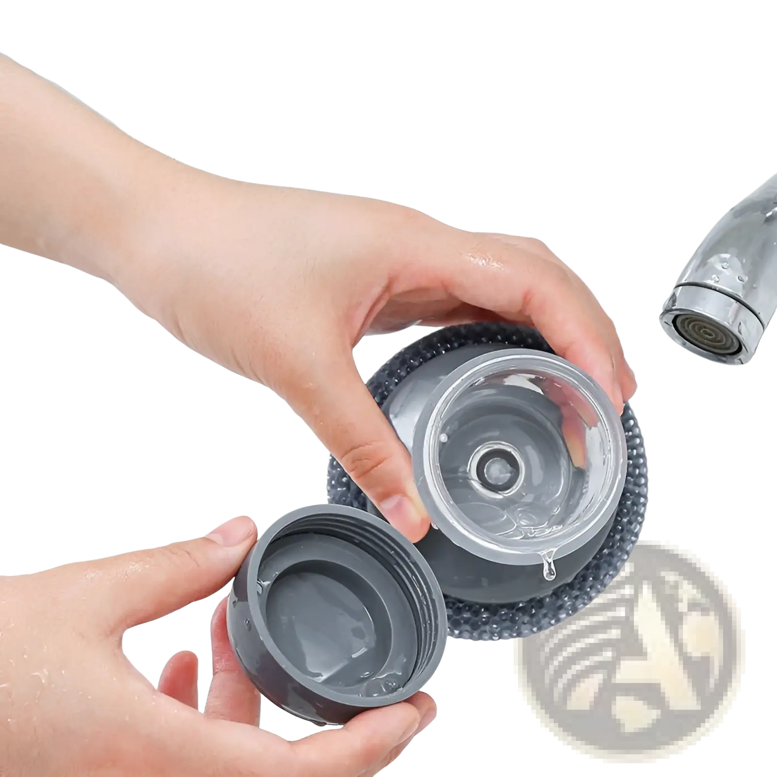 Gray plastic water bottle with transparent lid and cap being rinsed under faucet in kitchen soap dispensing palm brush set