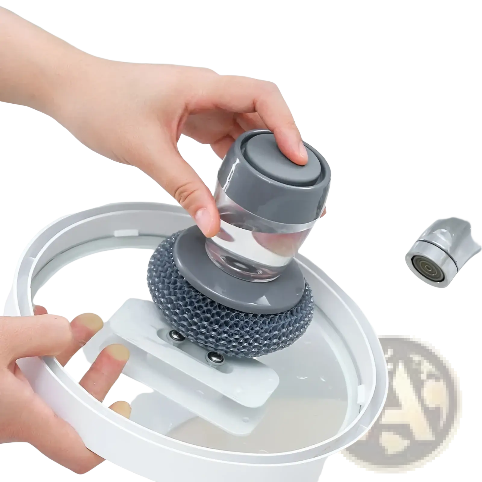 Gray plastic and sponge kitchen soap dispensing palm brush and scrubber set with a clear container lid for dishwashing