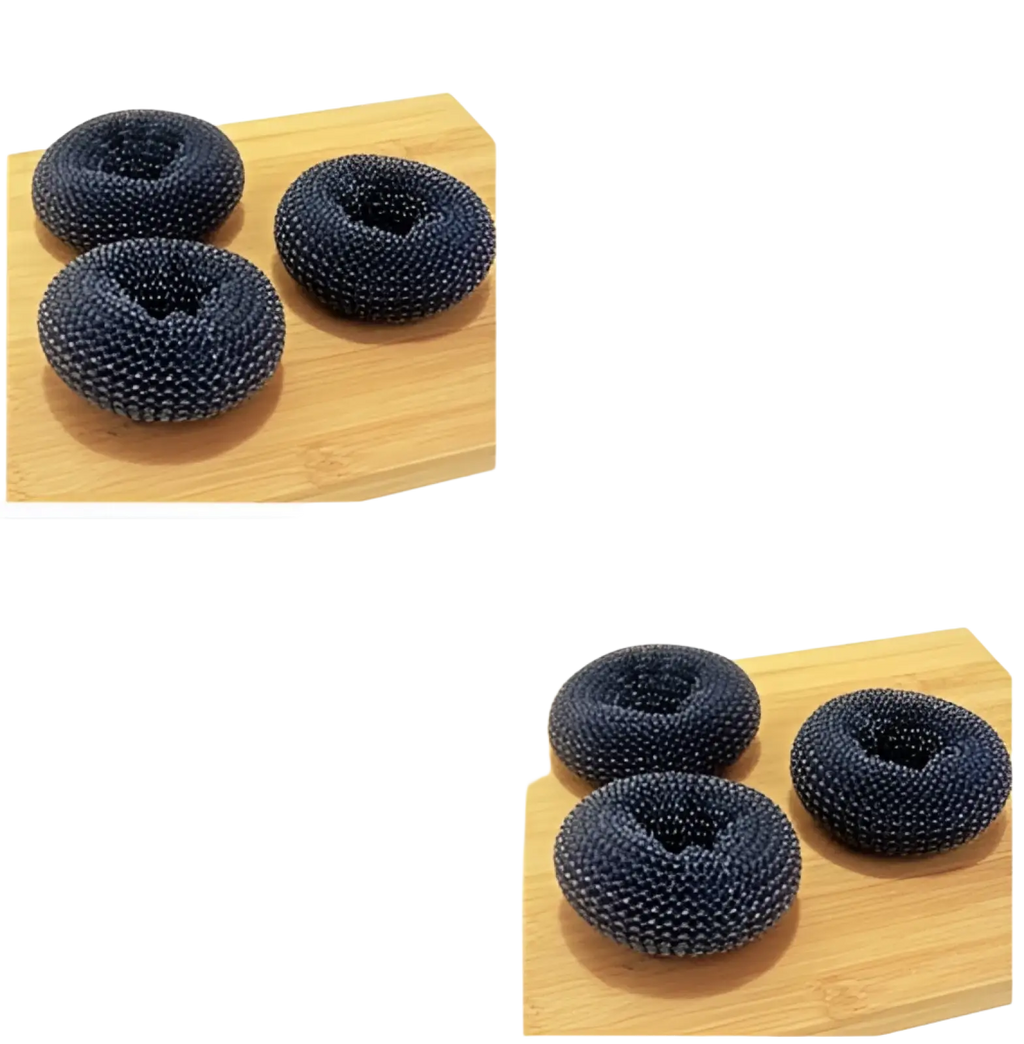 Dark blue knitted dish scrubbers with textured looped surface in kitchen soap dispensing palm brush and scrubber set