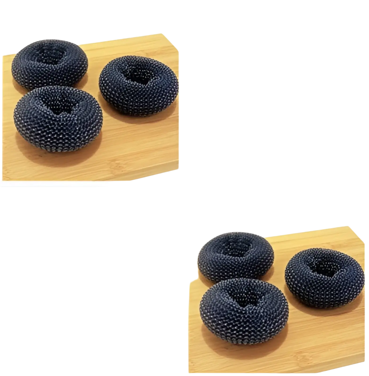 Dark blue knitted dish scrubbers with textured looped surface in kitchen soap dispensing palm brush and scrubber set