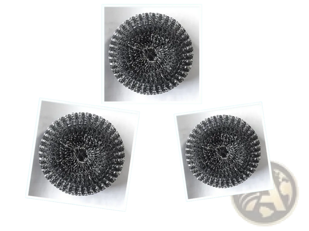Three circular metallic steel wool scrubbers with dense interwoven mesh in kitchen soap dispensing palm brush and scrubber set