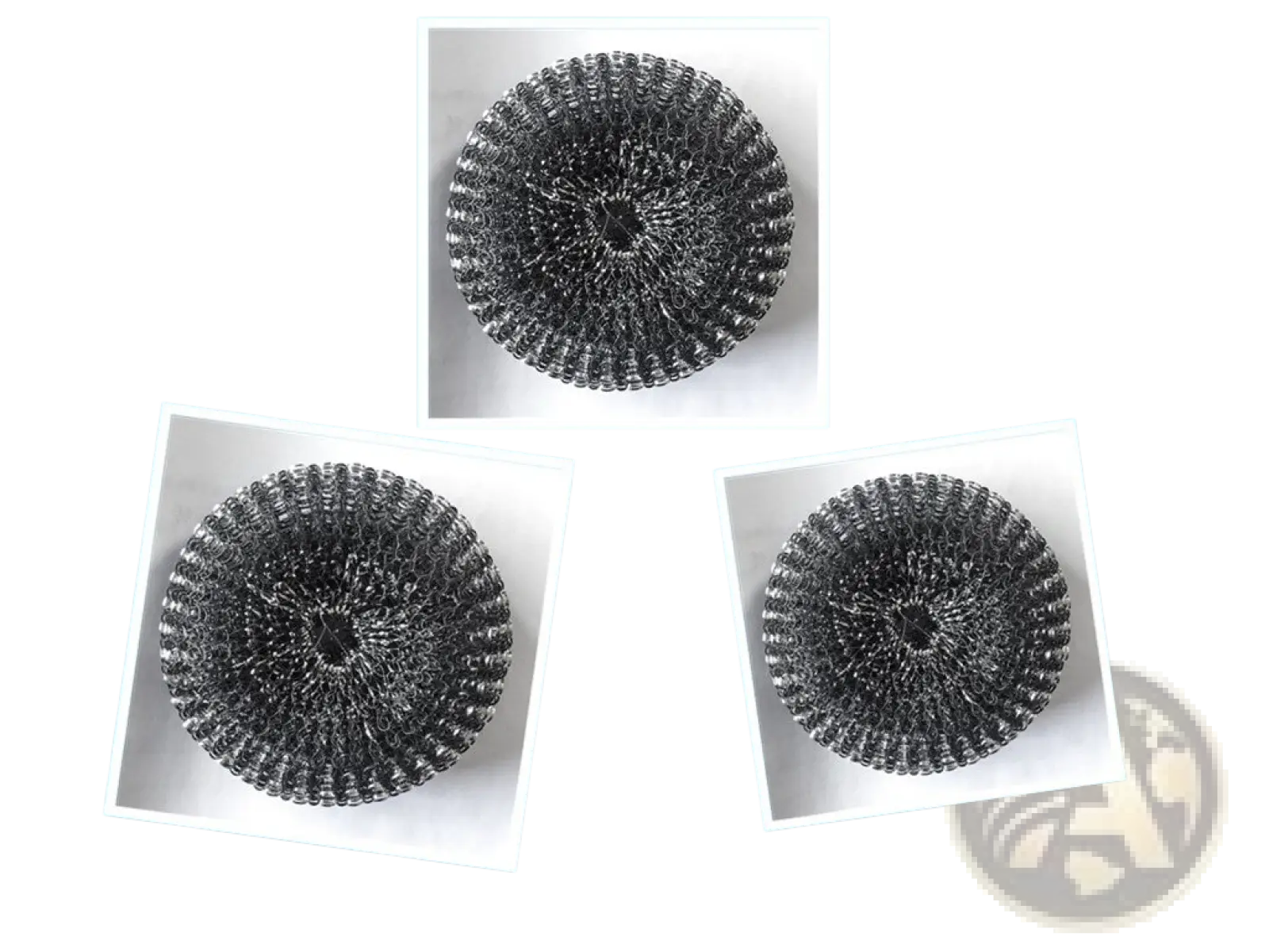 Three circular metallic steel wool scrubbers with dense interwoven mesh in kitchen soap dispensing palm brush and scrubber set