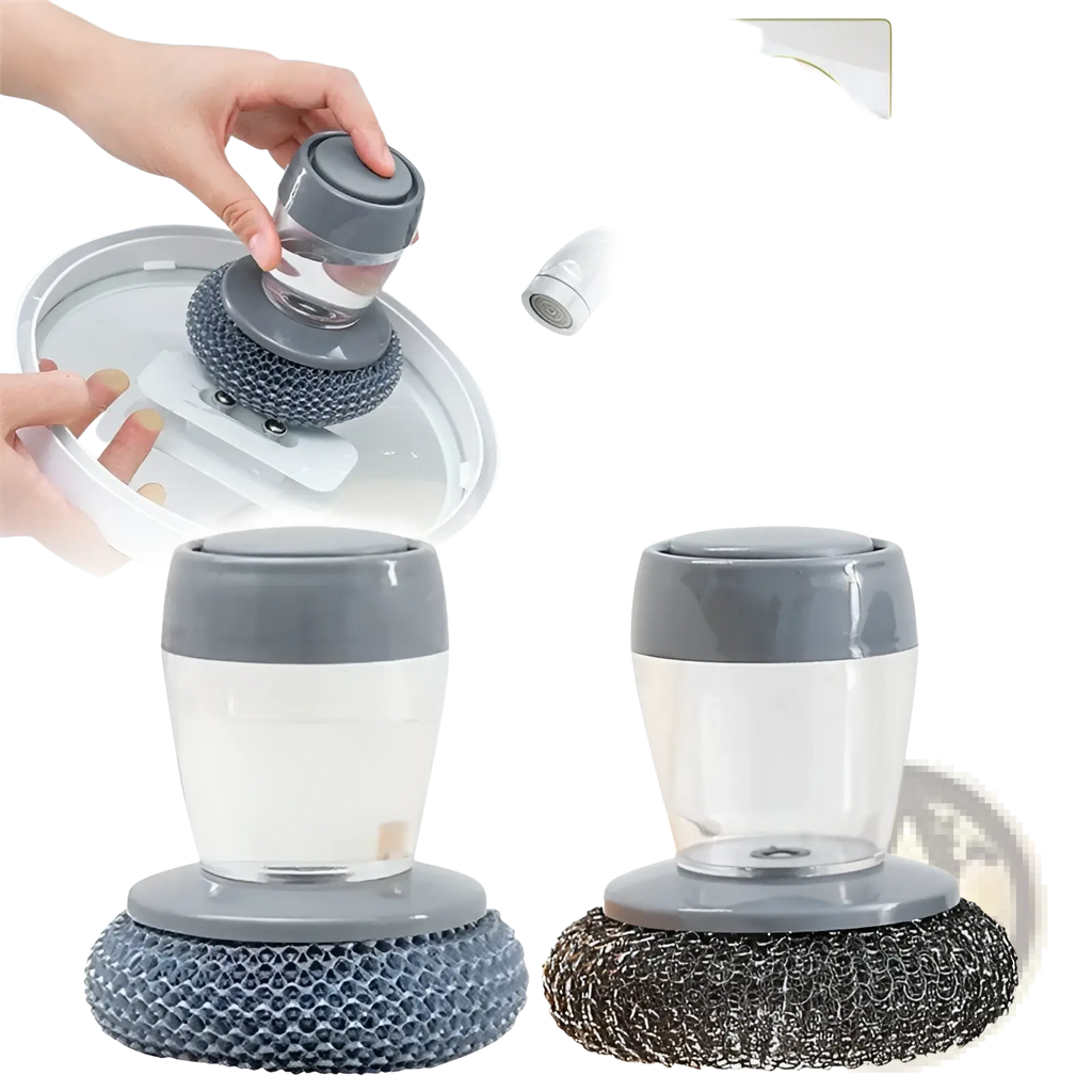 Gray and clear plastic kitchen soap dispensing palm brush and scrubber set with wire mesh head for cleaning sinks and countertops