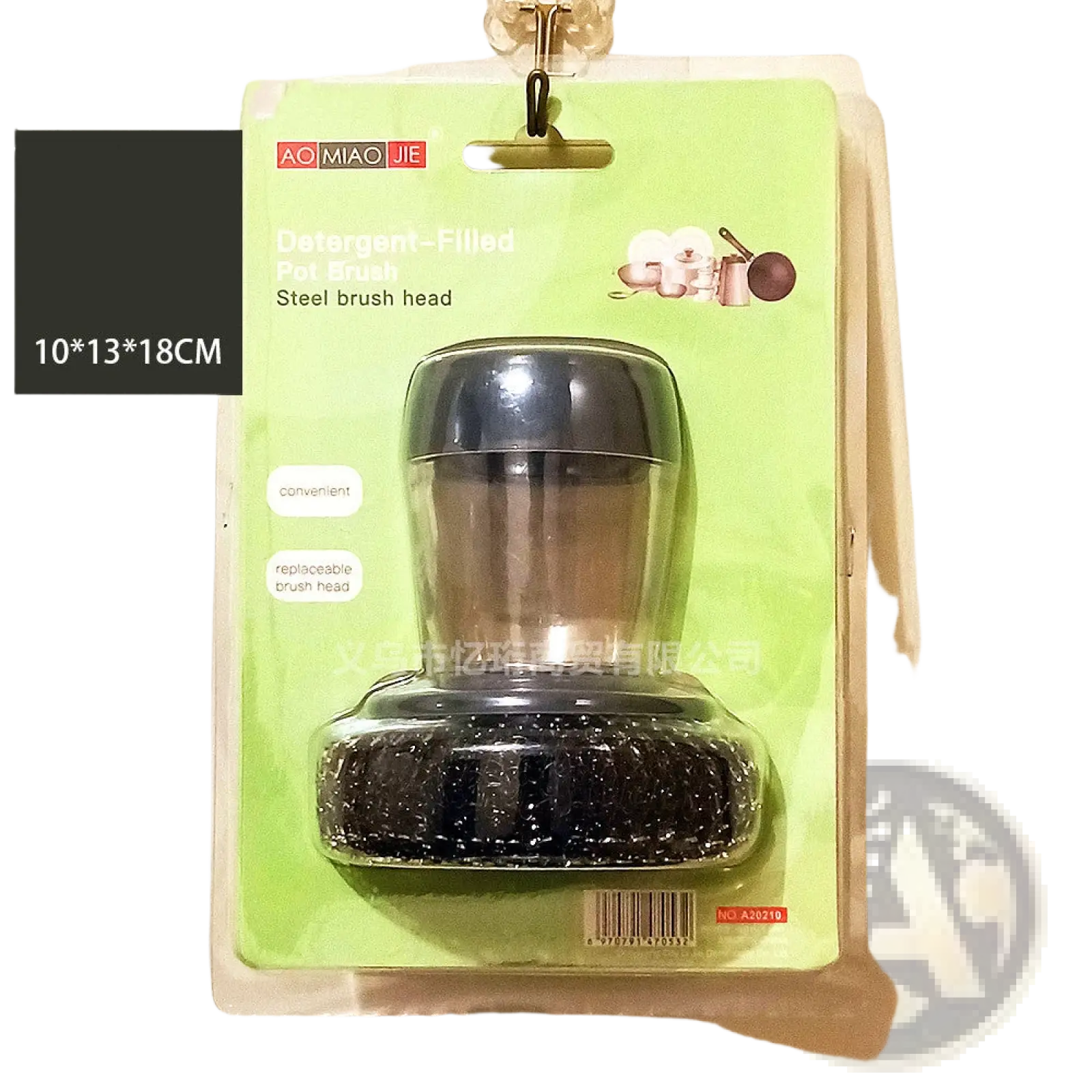 Black steel-bristled detergent-filled pet brush head in clear plastic packaging with black cap for kitchen soap dispensing palm brush and scrubber set