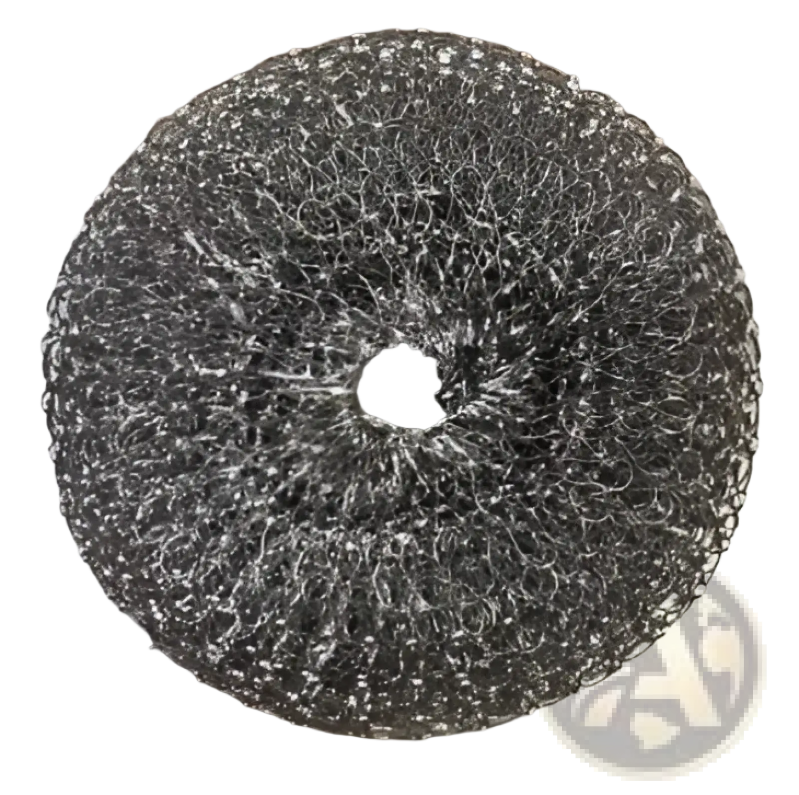 A circular dark gray metal scrubbing pad with dense mesh texture and open center in kitchen soap dispensing palm brush set