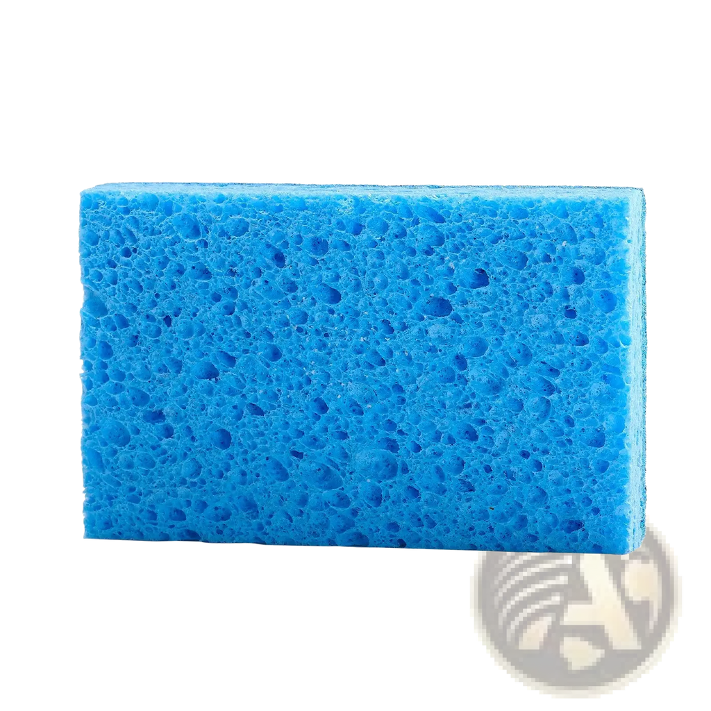 Bright blue rectangular kitchen sponge with porous textured cellulose surface in a 12 pack dual sided scrub pad set
