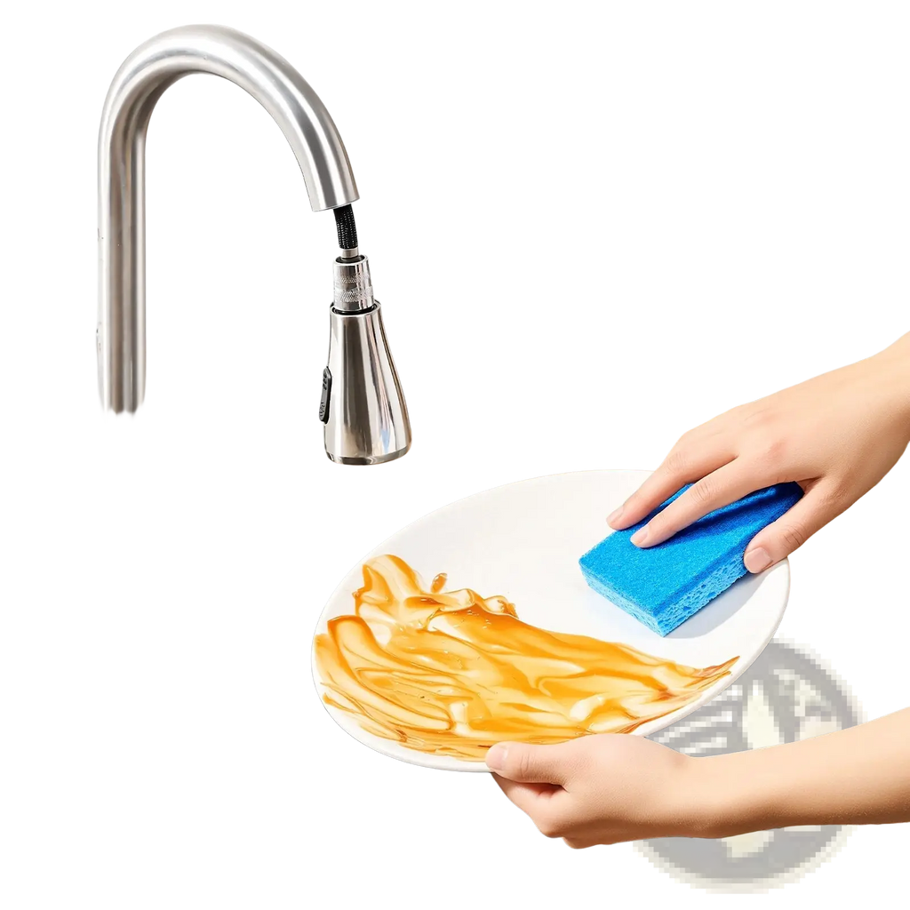Blue cellulose kitchen sponge from 12 pack dual sided scrub pads used to clean a white plate under stainless faucet