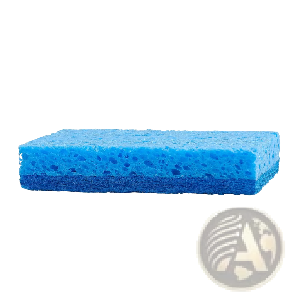 Blue rectangular kitchen sponge with dual sided cellulose scrub pad and abrasive layer for efficient cleaning