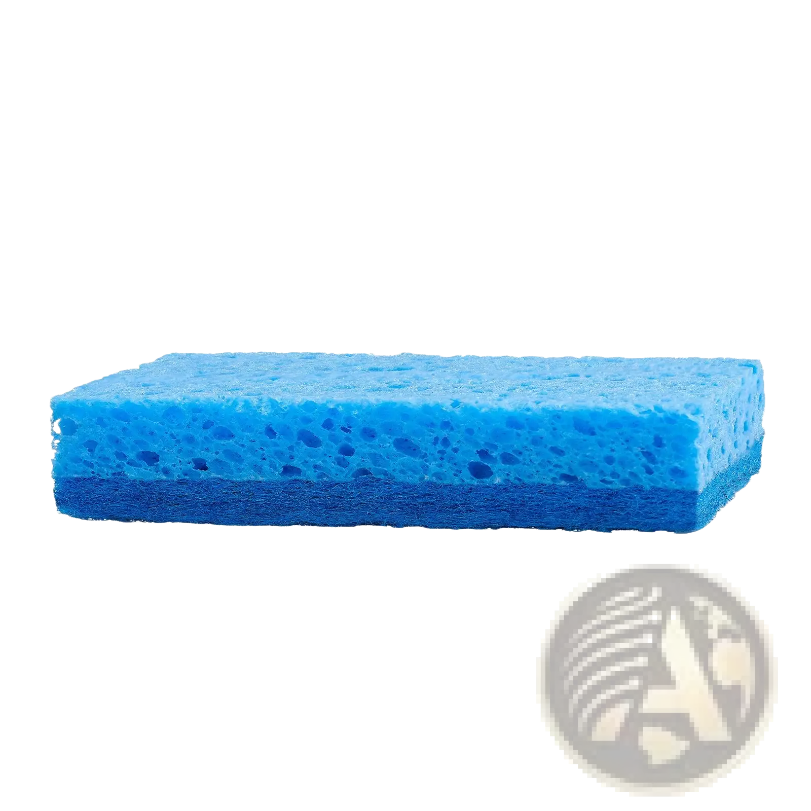 Blue rectangular kitchen sponge with dual sided cellulose scrub pad and abrasive layer for efficient cleaning
