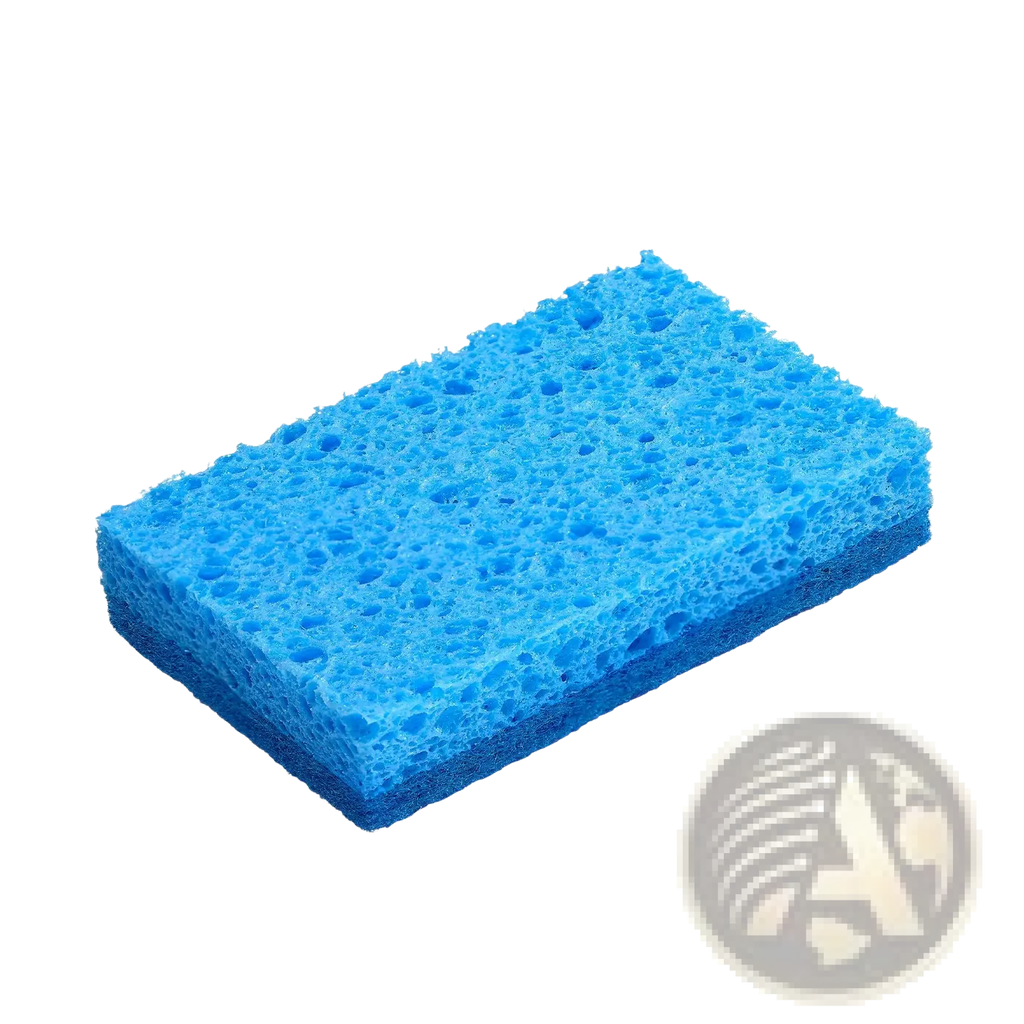 Bright blue rectangular kitchen sponge with textured porous cellulose surface and reinforced edges in 12 pack