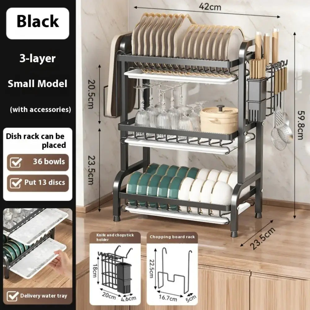 3-tier black metal dish rack with marble water trays featuring a sleek frame and tiered shelves for organizing kitchenware