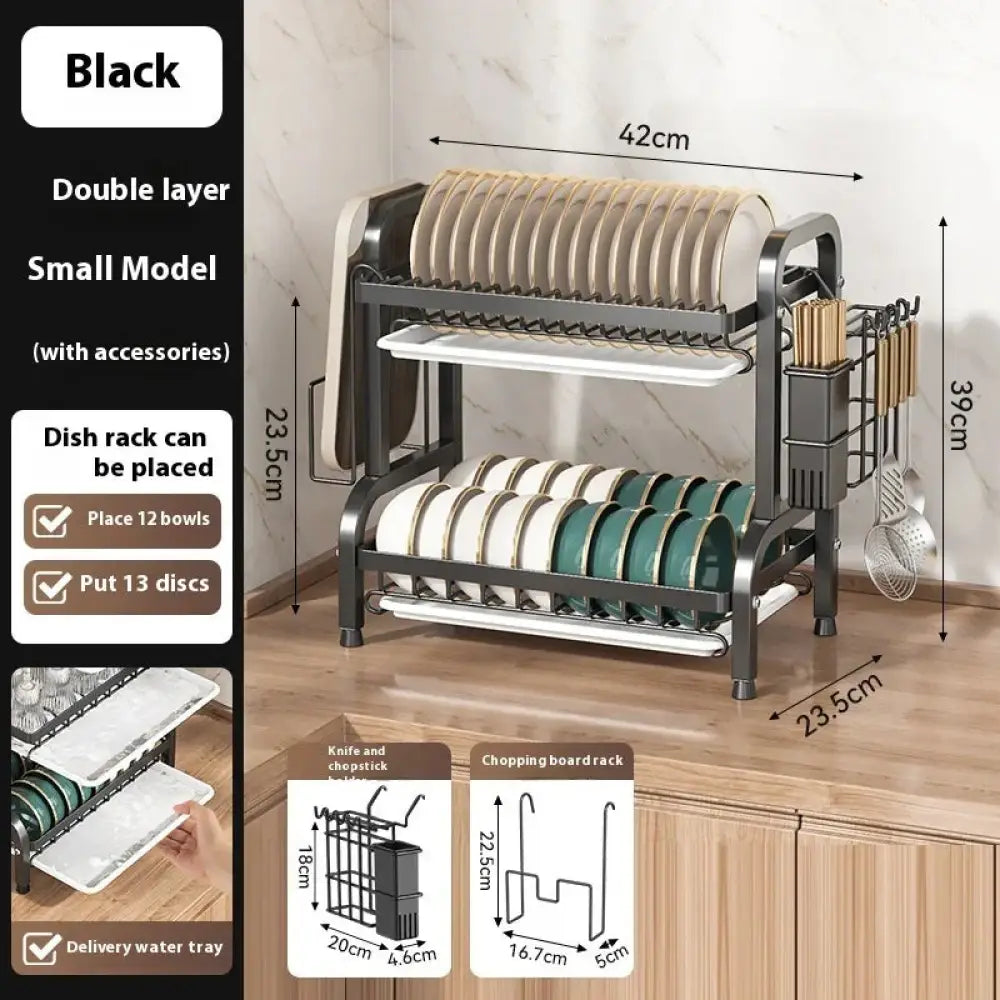 Black metal 3-tier dish rack with marble water trays featuring double-layer design for plates and bowls