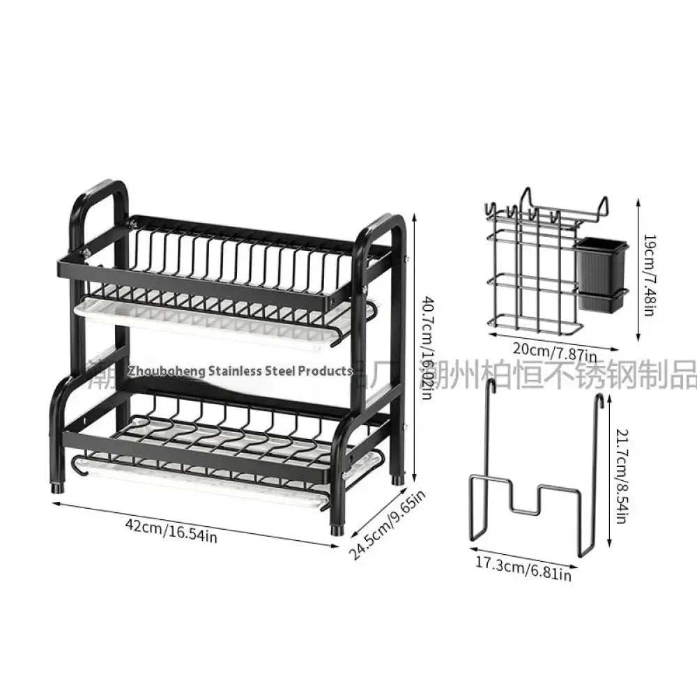 Black stainless steel two-tier dish rack with wire mesh shelves and side handles in a 3-tier black metal dish rack with marble trays