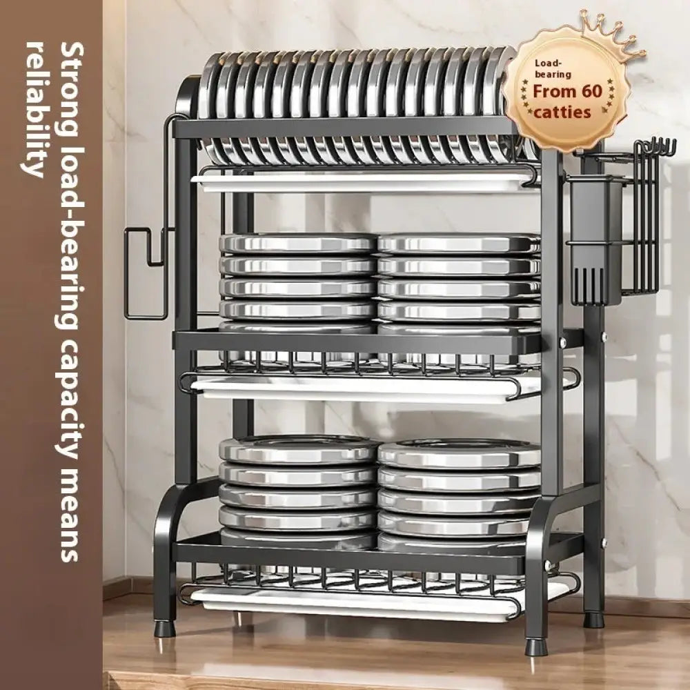 3-tier black metal dish rack with marble water trays holding stacks of shiny stainless steel plates