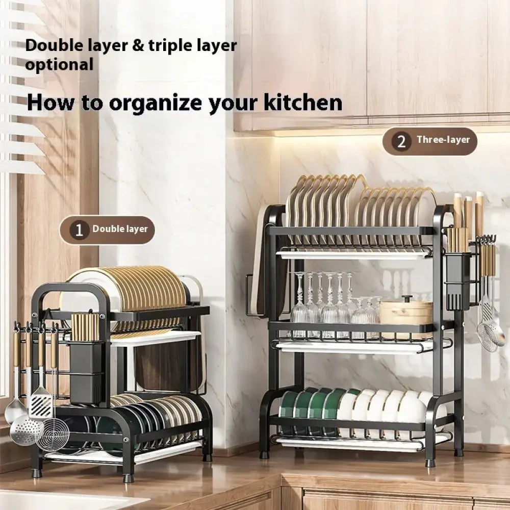 3-tier black metal dish rack with marble water trays designed for efficient kitchen organization