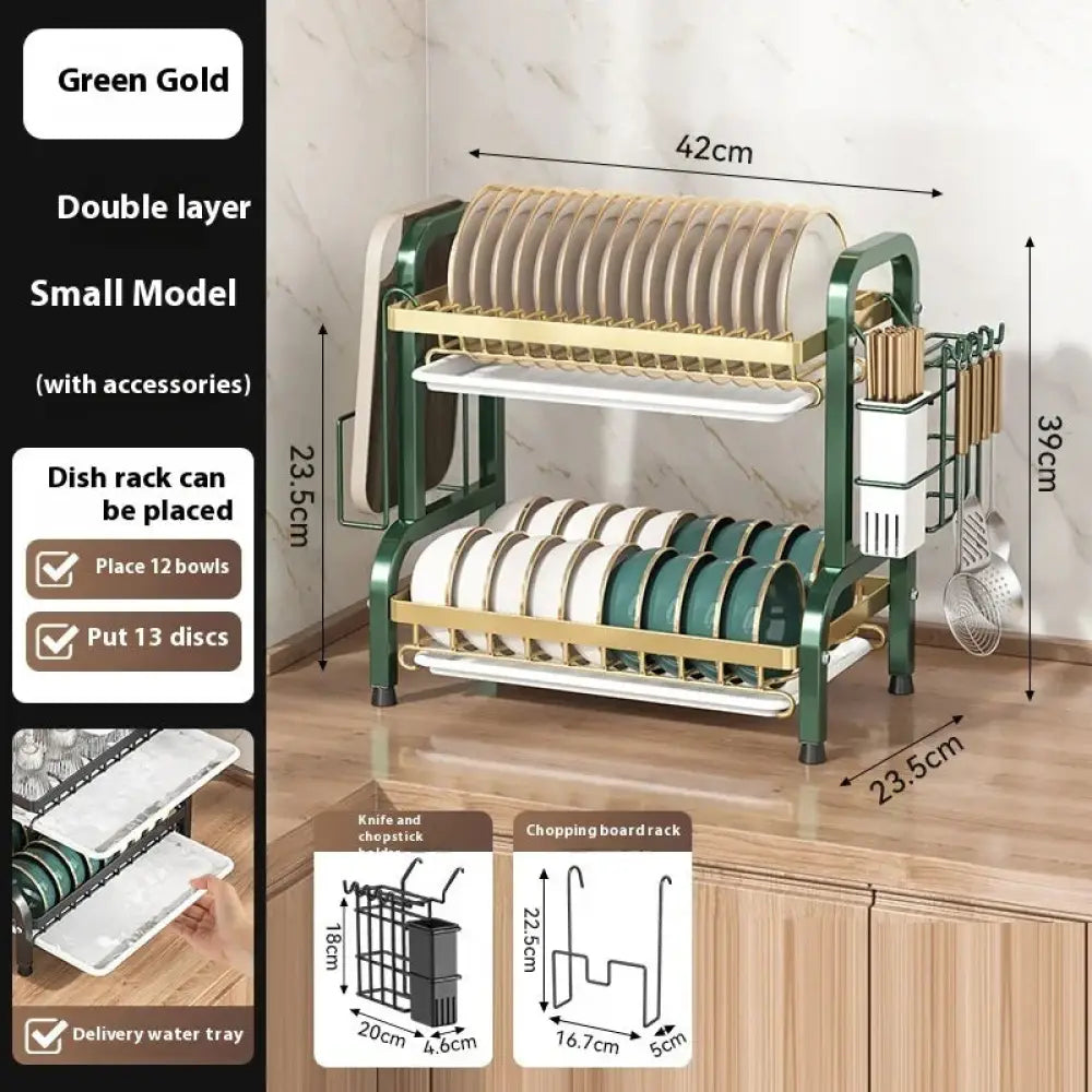 3-tier black metal dish rack with marble water trays featuring a green gold double layer and white utensil compartments