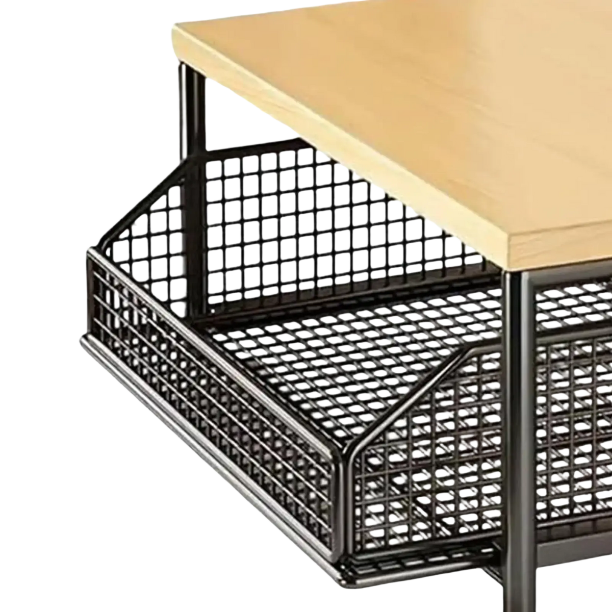 Black metal mesh under-desk organizer with grid pattern and sturdy frame for kitchen storage rack 2 tier wood and metal shelf