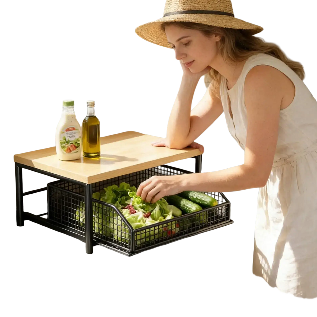 Black metal wire mesh kitchen storage rack with wooden top surface for efficient kitchen storage and organization