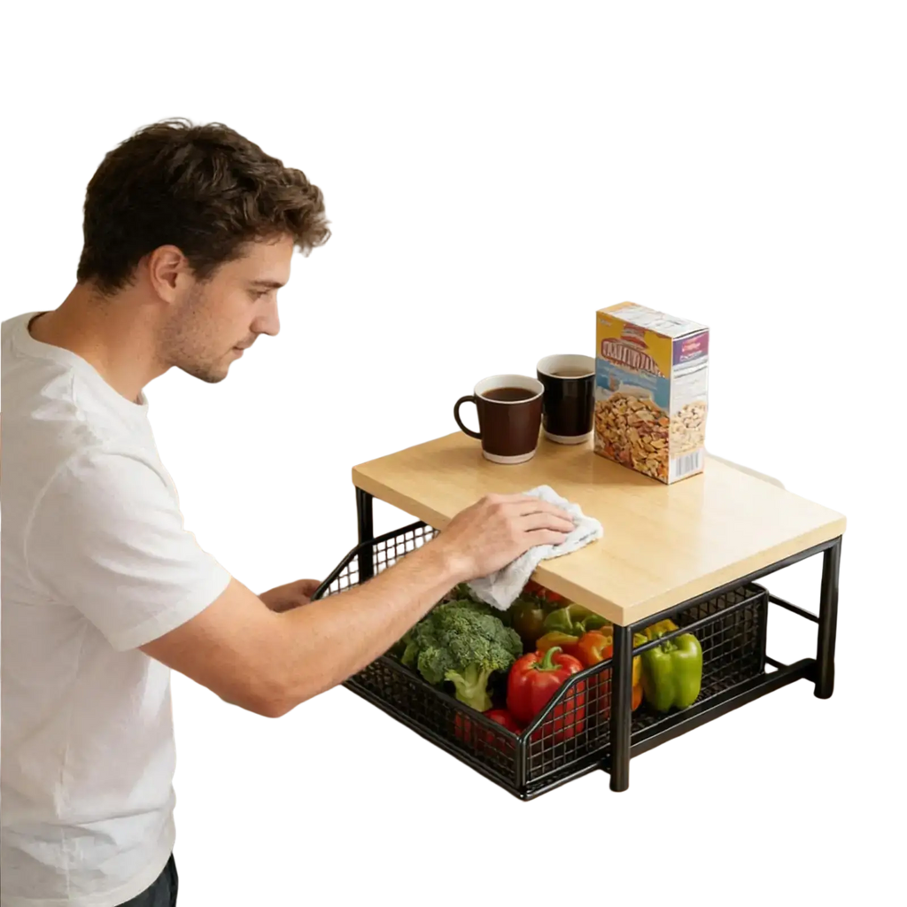 Black metal wire mesh kitchen storage rack with wooden top and lower shelf holding fresh vegetables for kitchen storage