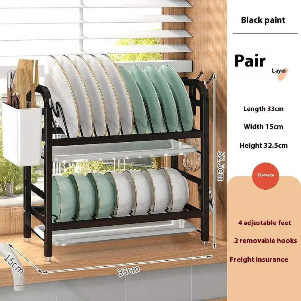 Black painted metal two-tier kitchen dish drying rack with adjustable feet and removable hooks for organizing dishes