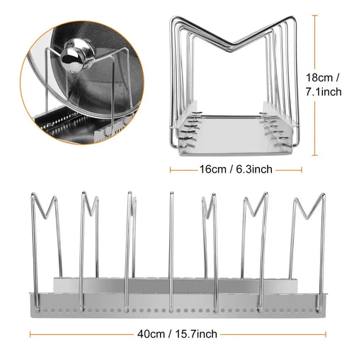 Adjustable stainless steel pot and pan organizer rack with sleek reflective finish and v-shaped adjustable slots for storage