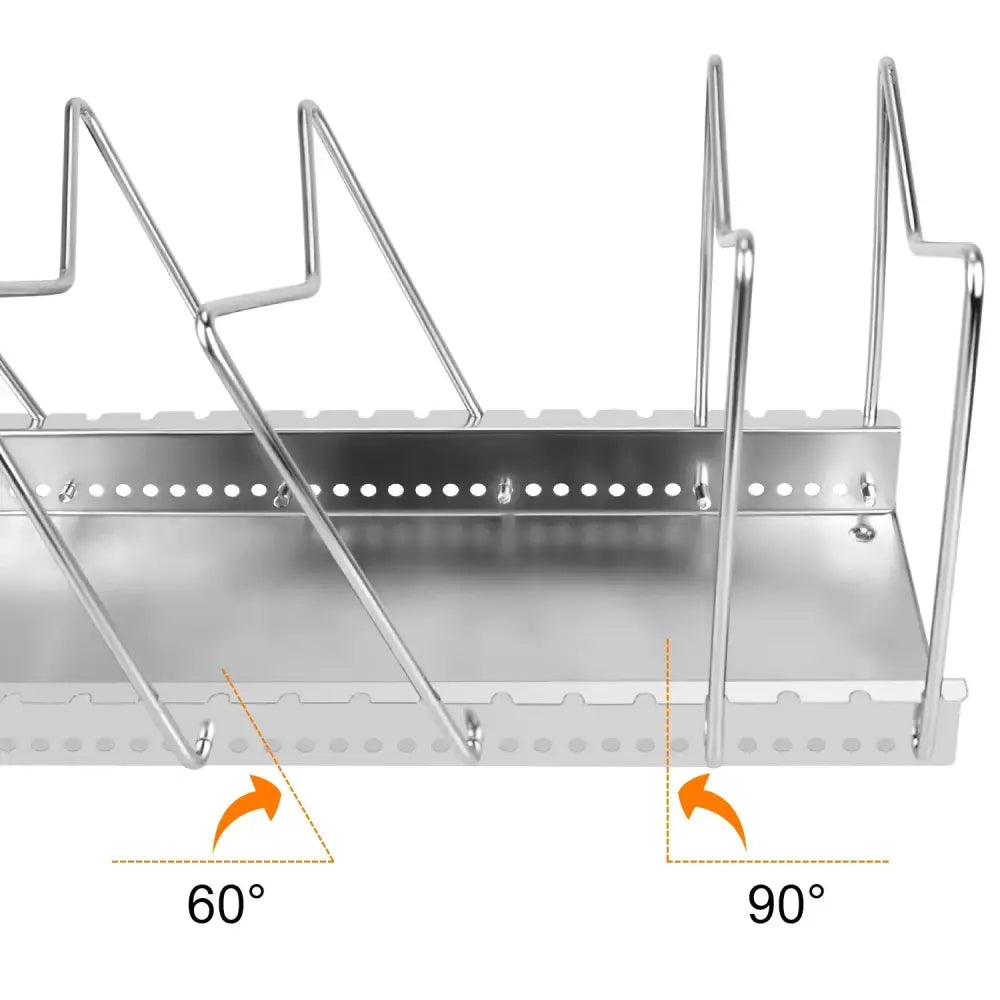 Adjustable stainless steel pot and pan organizer rack with angled shelves for 60 and 90 degree orientations
