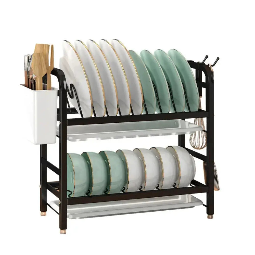 Black metal two tier kitchen dish drying rack and organizer with white and mint green ceramic plates and bowls