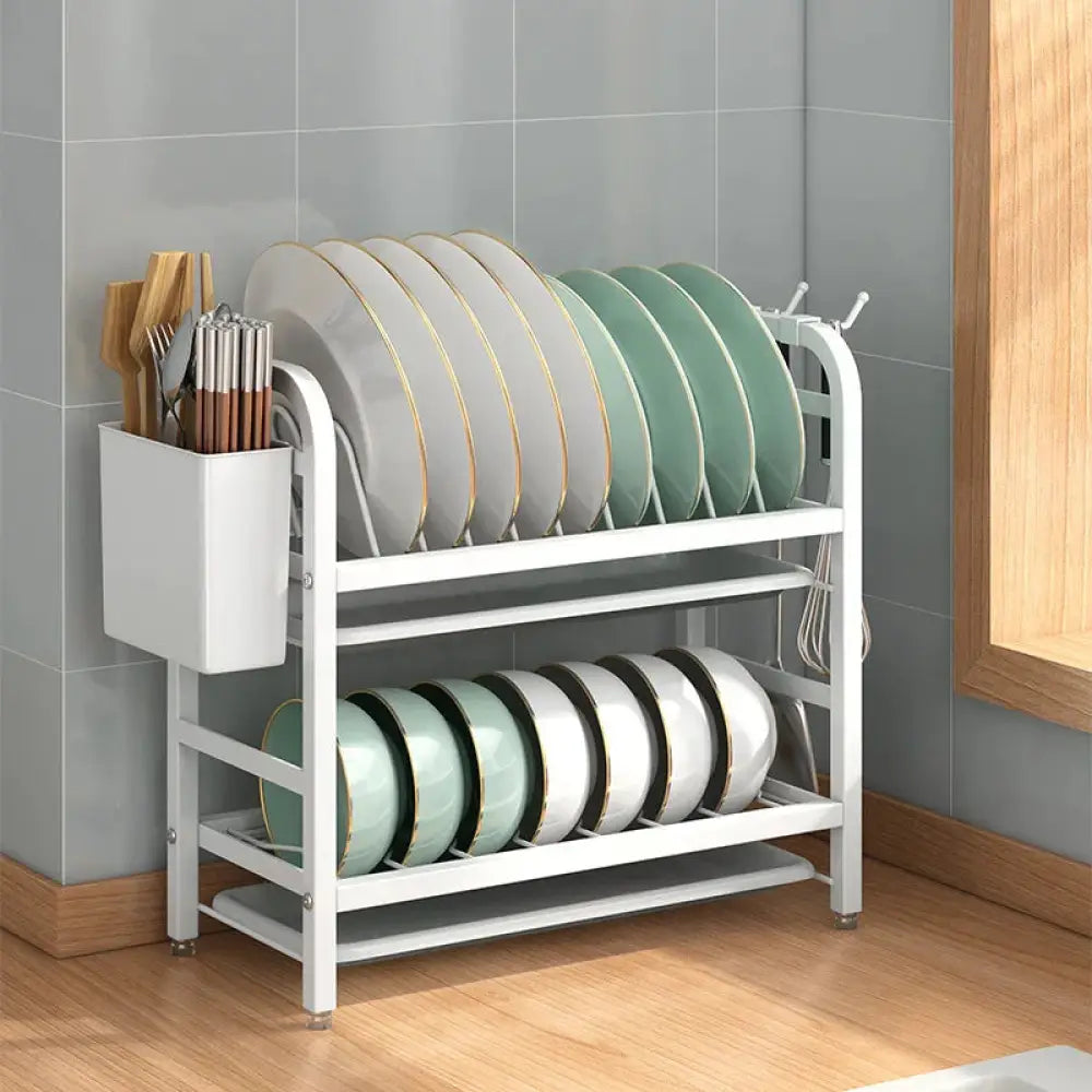 White metal two-tier kitchen dish drying rack with side utensil holder and adjustable shelves for organization