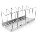Adjustable stainless steel pot and pan organizer rack with six vertical slots in silver for efficient kitchen storage