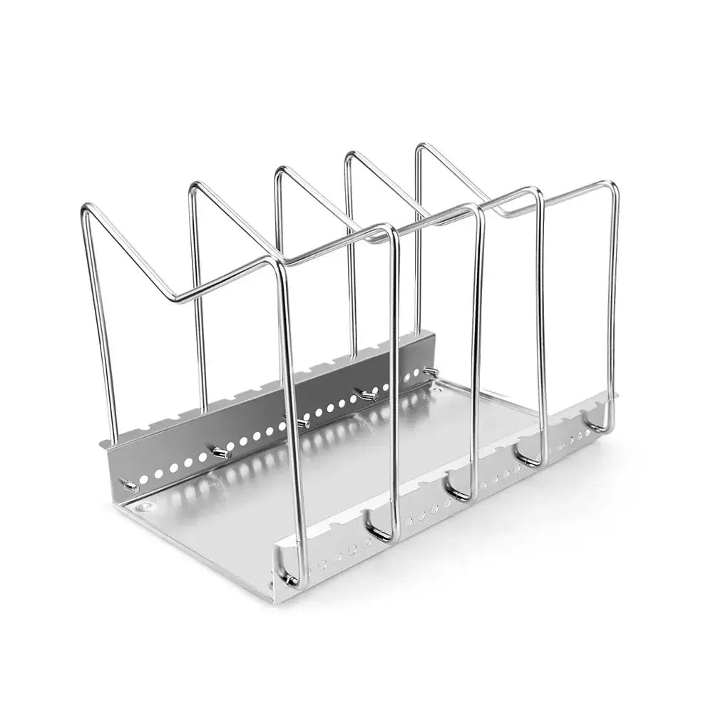 Adjustable stainless steel pot and pan organizer rack with multi-slot design and reflective finish with triangular dividers