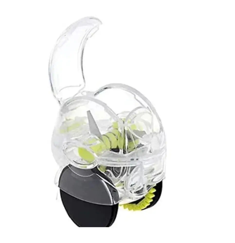 Ergonomic clear plastic garlic press and mincer with black base and lime green precision blades for easy crushing