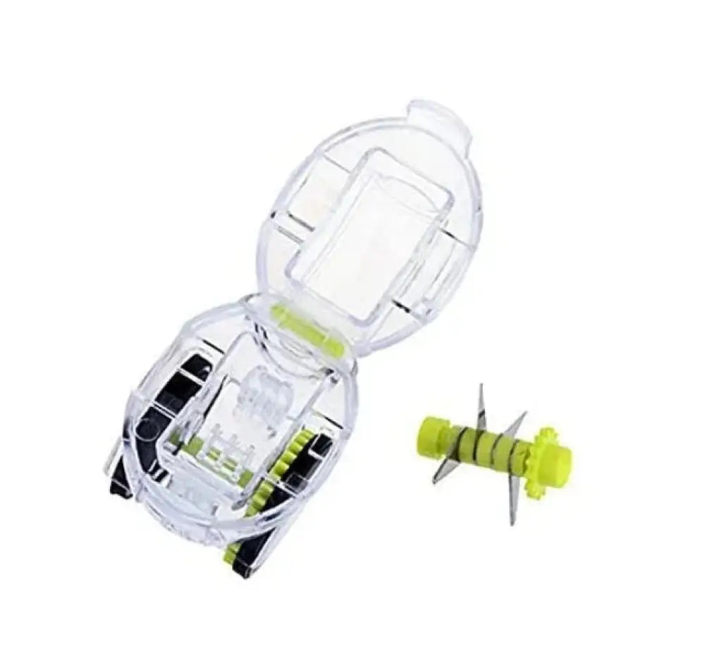 Ergonomic clear garlic press and mincer with precision blades featuring a clear plastic fish scaler with lime green accents and detachable metal blade