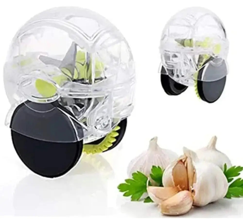Ergonomic clear plastic garlic press with black circular precision blades and green accents for easy mincing