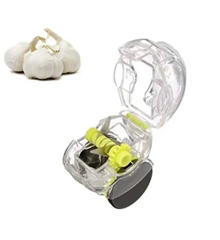 Ergonomic clear plastic garlic press with lime green and black accents featuring precision blades for mincing