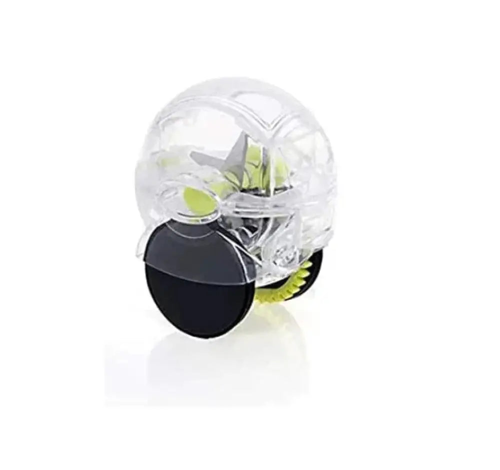 Ergonomic clear garlic press and mincer with precision lime green blades and skull-shaped plastic body on black base