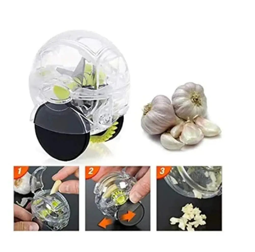Ergonomic clear plastic garlic press and mincer with black base and green precision blades for easy crushing