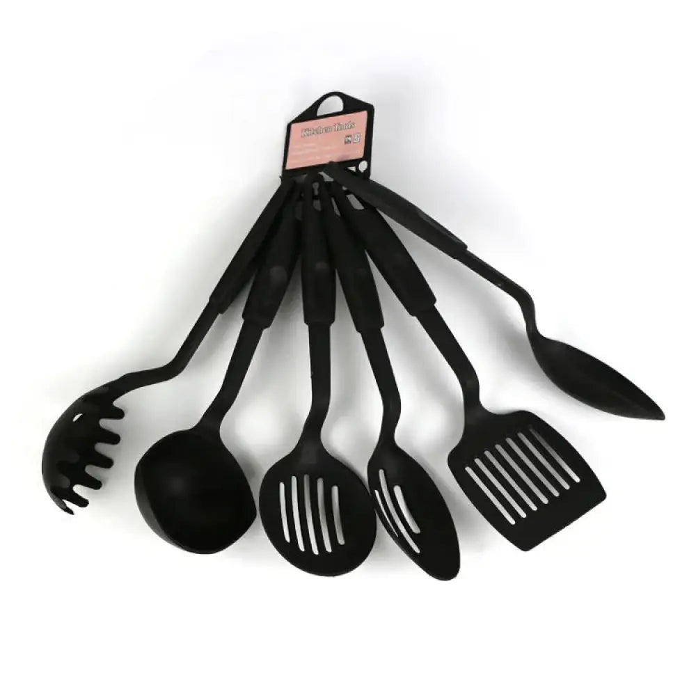 Black plastic 6-piece non-stick heat resistant cooking utensil set with ladle spatula and spoon for kitchen use