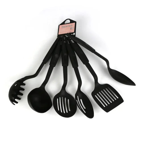 Black plastic 6-piece non-stick heat resistant cooking utensil set with ladle spatula and spoon for kitchen use