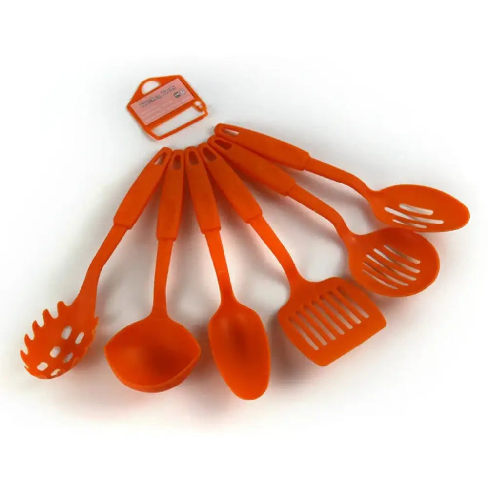 Set of six bright orange non-stick heat resistant plastic kitchen utensils with slotted and solid designs for cooking