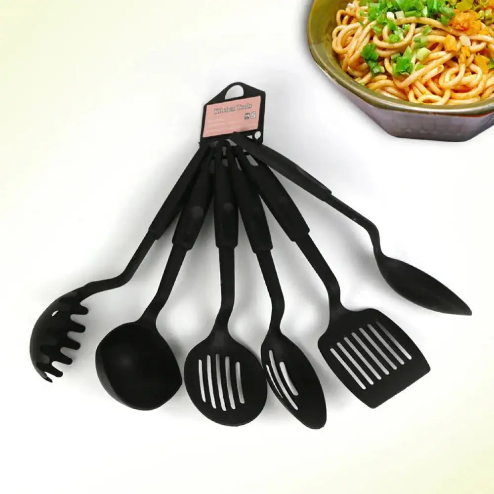 Black silicone 6-piece non-stick heat resistant cooking utensil set with slotted spoon ladle and spatula for kitchen use