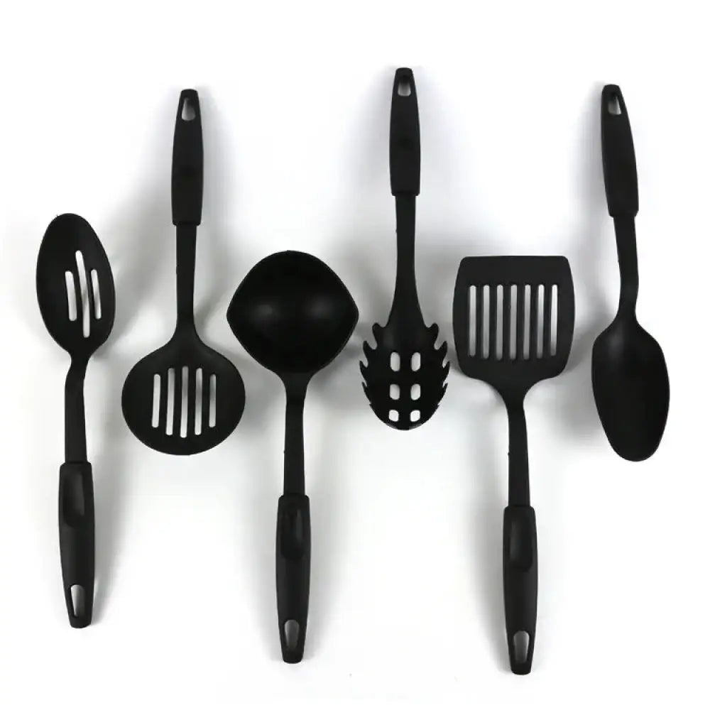 Black silicone 6-piece non-stick heat resistant cooking utensil set with various shapes and sizes for kitchen use
