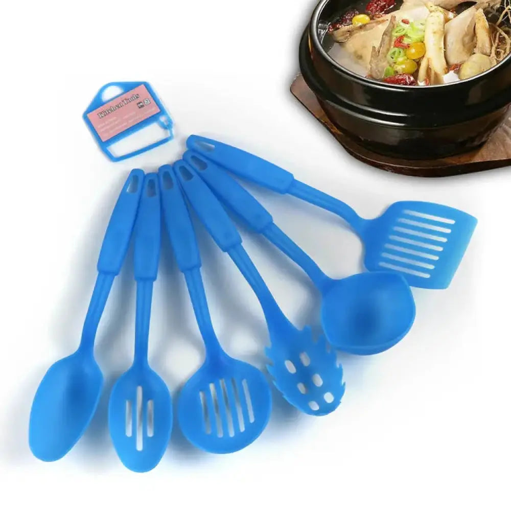 Set of six bright blue plastic non-stick heat resistant kitchen utensils including spoons spatulas and ladle