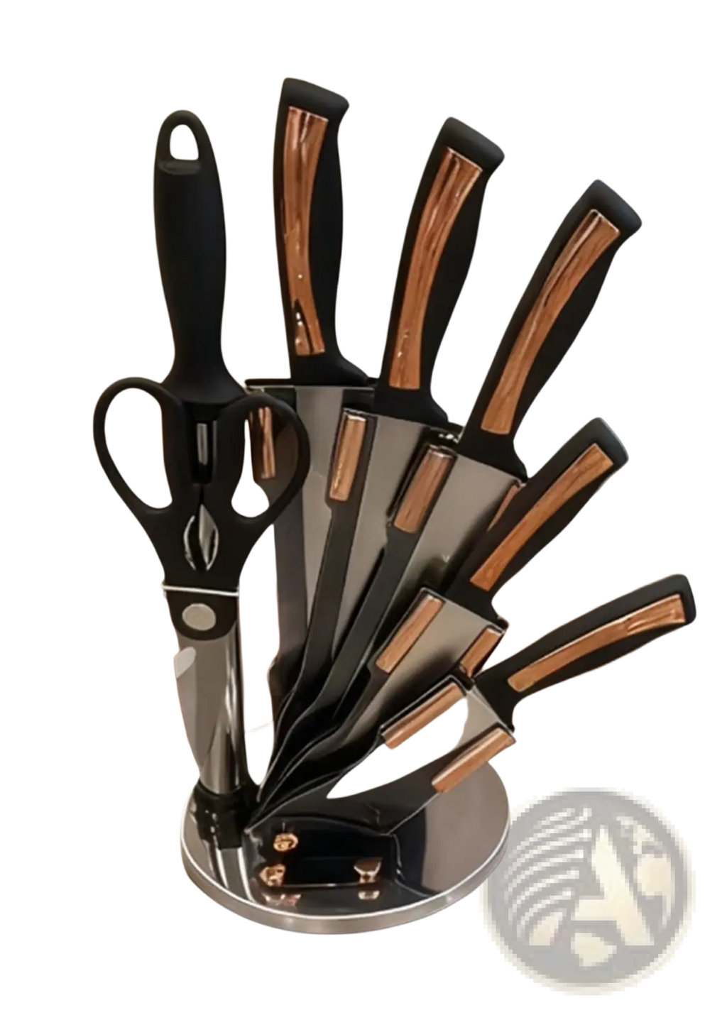 Black and copper accented kitchenware knife set with modern stainless steel blades in a sleek rotating stand