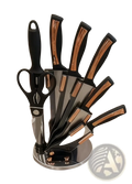 Black and copper accented kitchenware knife set with modern stainless steel blades in a sleek rotating stand