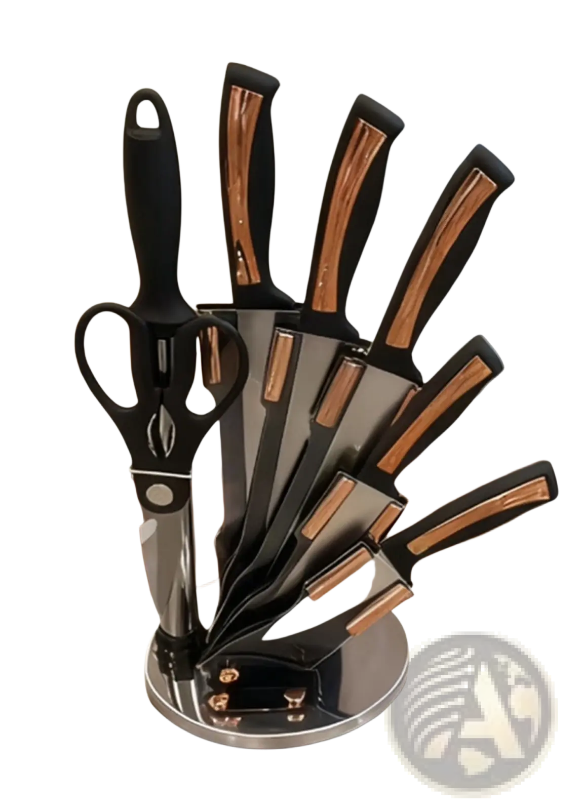 Black and copper accented kitchenware knife set with modern stainless steel blades in a sleek rotating stand