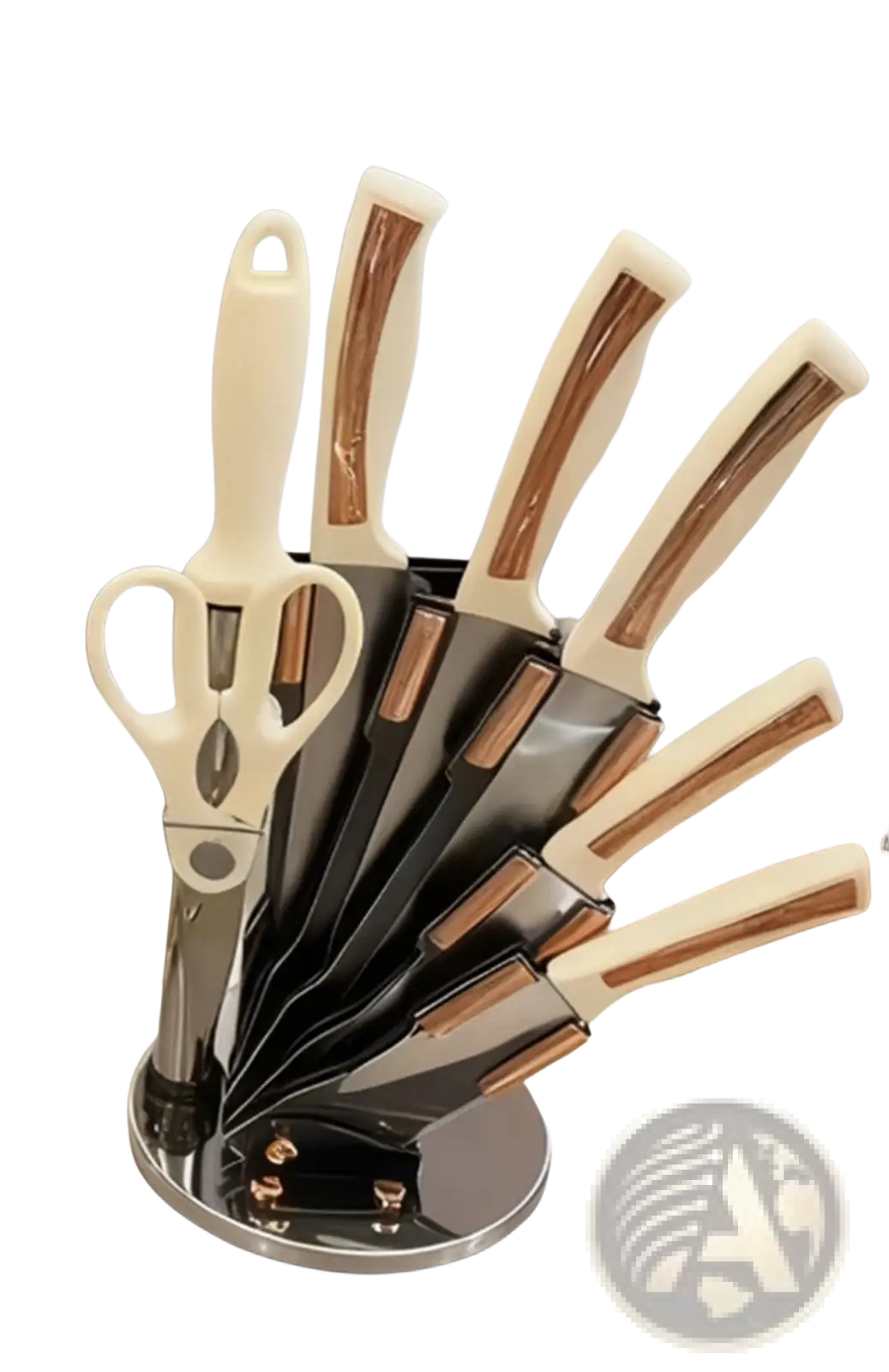 Kitchenware knife set with modern stainless steel blades cream handles with rose gold inlays on chrome stand