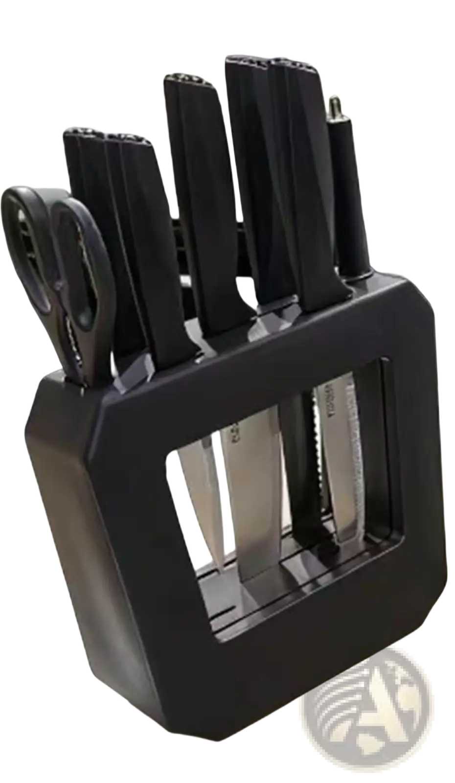Black knife block with kitchenware knife set and modern stainless steel blades for precise cutting tasks